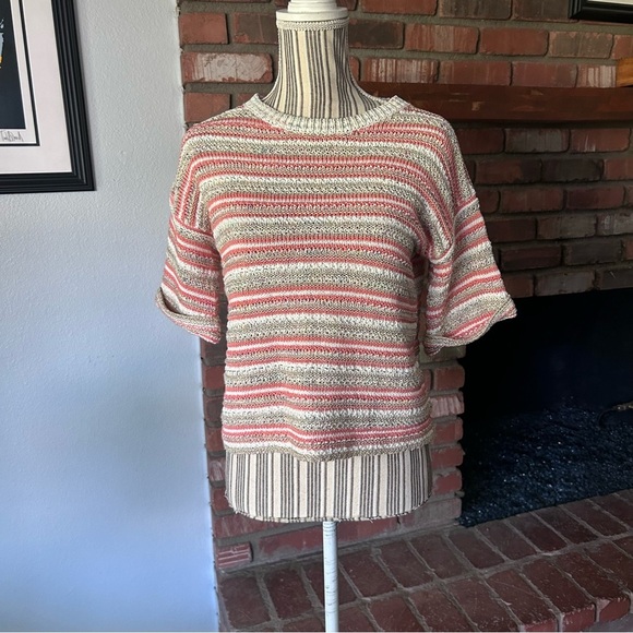 Rebecca Taylor La Vie Striped Metallic Short Sleeve Sweater in Orange Gold Sz S - Picture 2 of 9